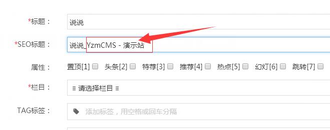 请问seo标题默认的加的 yzmcms演示站这个在哪修改